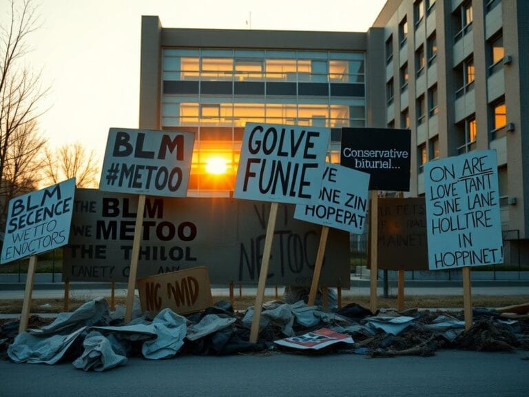 Flick International Urban scene symbolizing Gen Z's political shift, featuring crumpled protest signs and vibrant conservative placards.