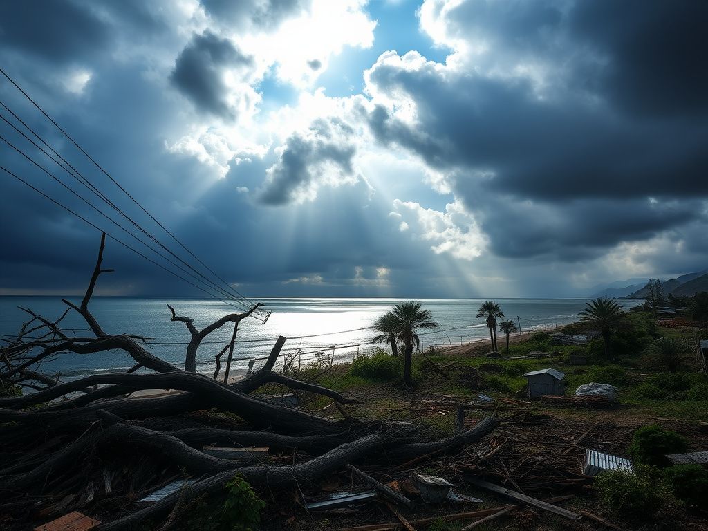Flick International Coastal landscape showing aftermath of Hurricane Melissa with uprooted trees and debris