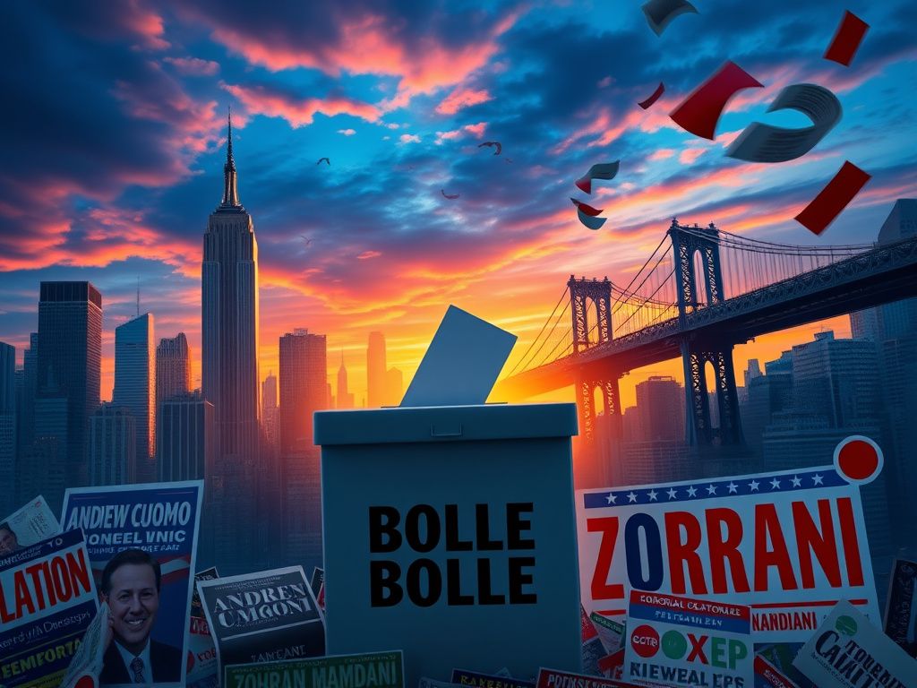 Flick International New York City skyline featuring Empire State Building and Brooklyn Bridge with a ballot box for mayoral elections
