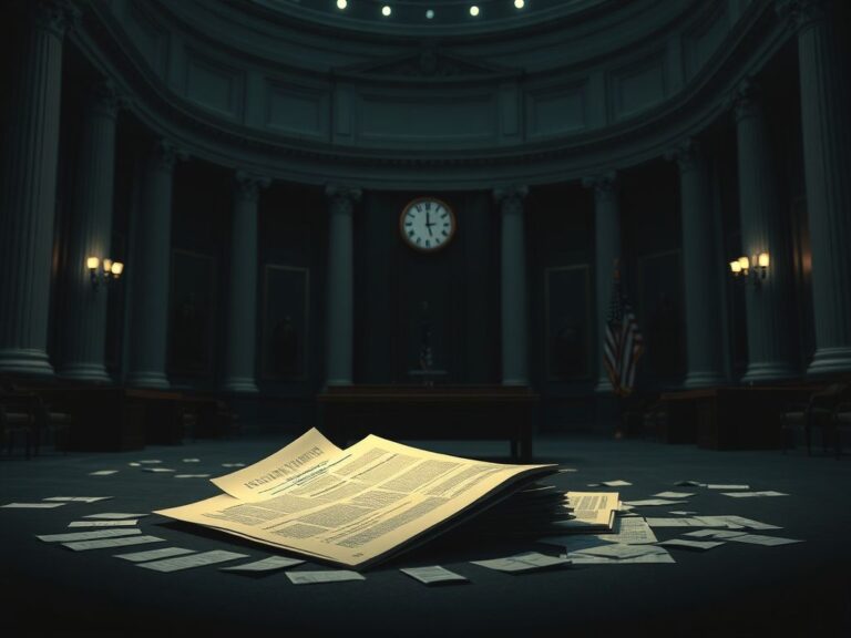 Flick International Dimly lit congressional chamber with crumpled budget document illustrating political standoff