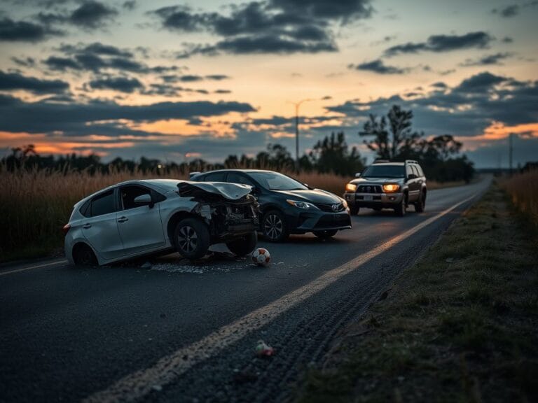 Flick International Desolate roadside scene illustrating the aftermath of a tragic car accident involving a crumpled Toyota Corolla and damaged Toyota 4Runner.