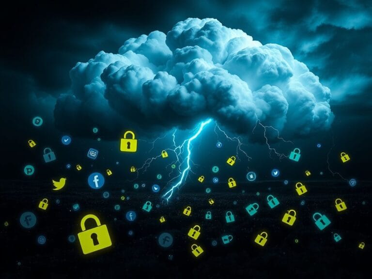 Flick International Dark-themed digital artwork illustrating a chaotic virtual landscape with storm clouds and floating icons representing social media and banking platforms.