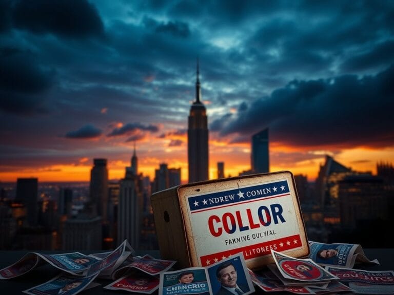Flick International A dramatic New York City skyline at dusk with a crumbling ballot box in the foreground