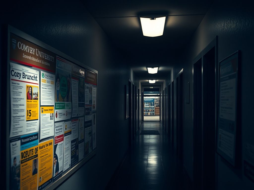 Flick International Dimly lit university corridor with bulletin board displaying colorful and misleading flyers for community events.
