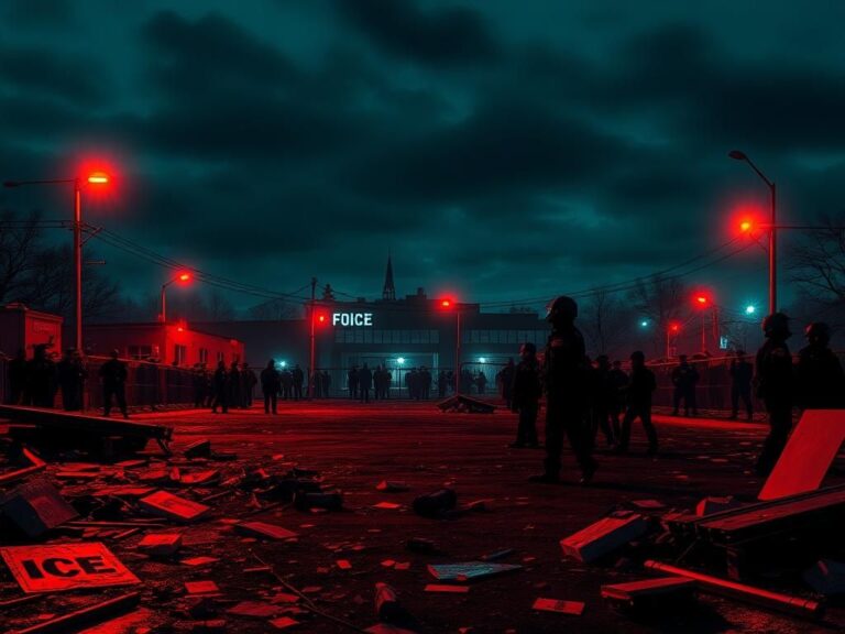 Flick International Dramatic nighttime scene of a fortified ICE facility in Portland amidst unrest