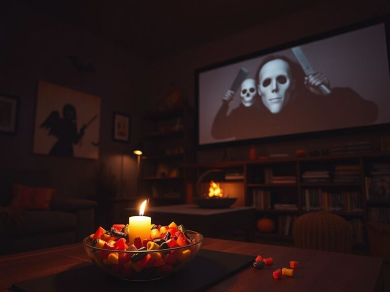 Flick International Cozy Halloween living room with candy and horror movie decor