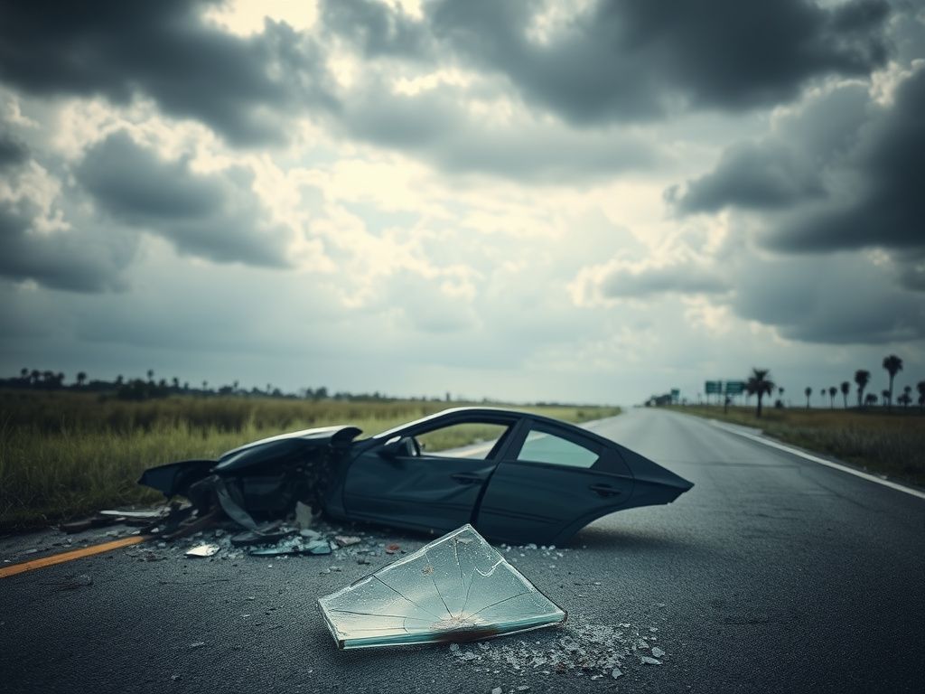 Flick International Crumpled car wreckage on a Florida interstate after a tragic crash