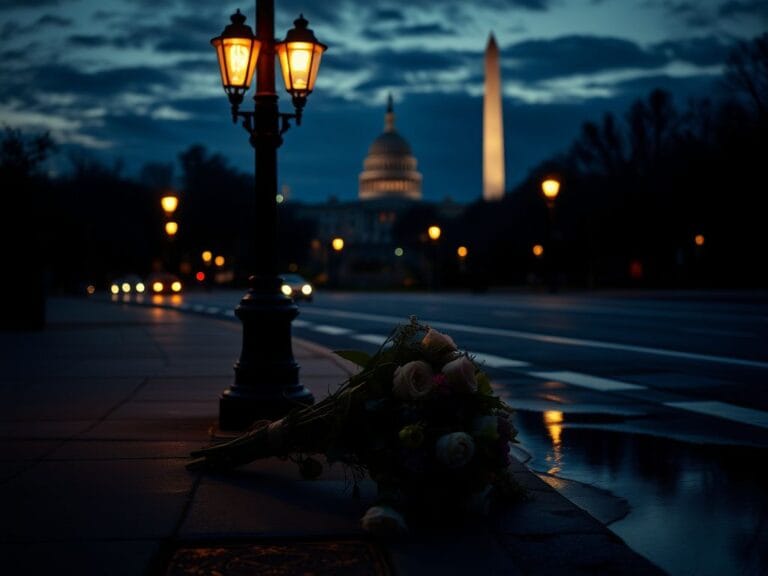 Flick International Dusk cityscape of Washington, D.C. with streetlights and a bouquet of flowers
