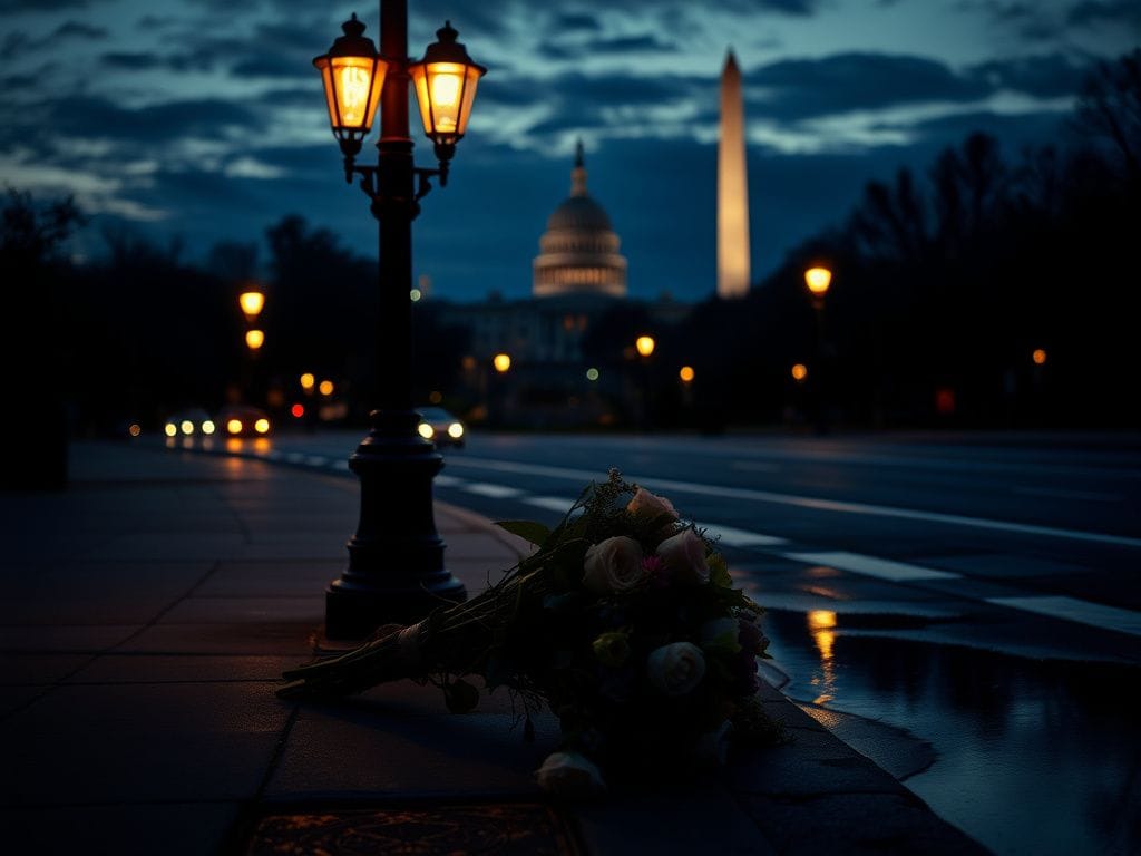 Flick International Dusk cityscape of Washington, D.C. with streetlights and a bouquet of flowers