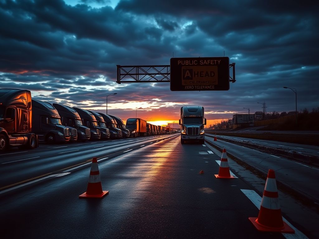 Flick International Dramatic highway scene at dusk with parked semi-trucks reflecting blue and purple hues