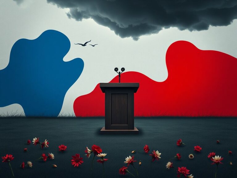 Flick International Somber outdoor setting with empty podium and microphone symbolizing dialogue