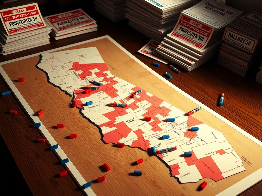Flick International Large map of California depicting redistricting debate with markers