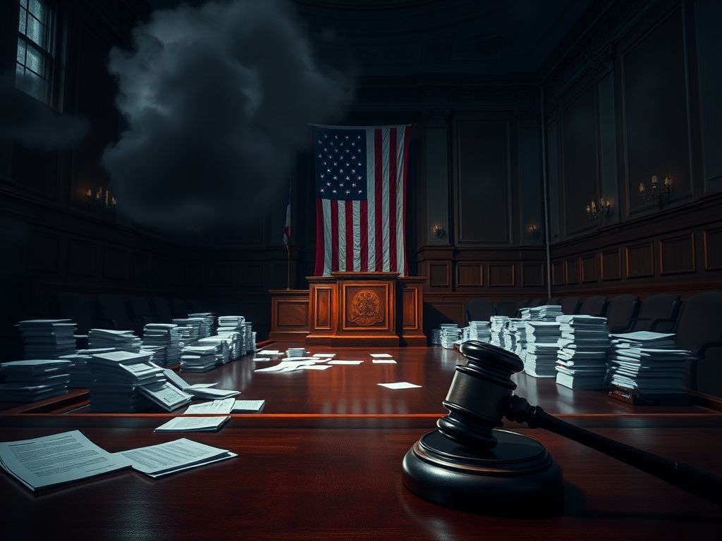 Flick International Dimly lit Senate chamber with an empty podium and American flag