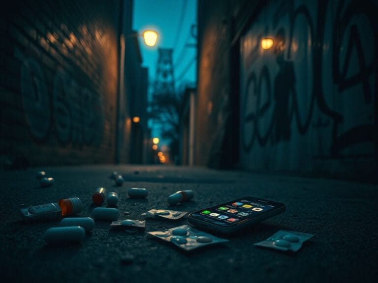 Flick International Desolate city alley at dusk with empty pill bottles and a broken smartphone
