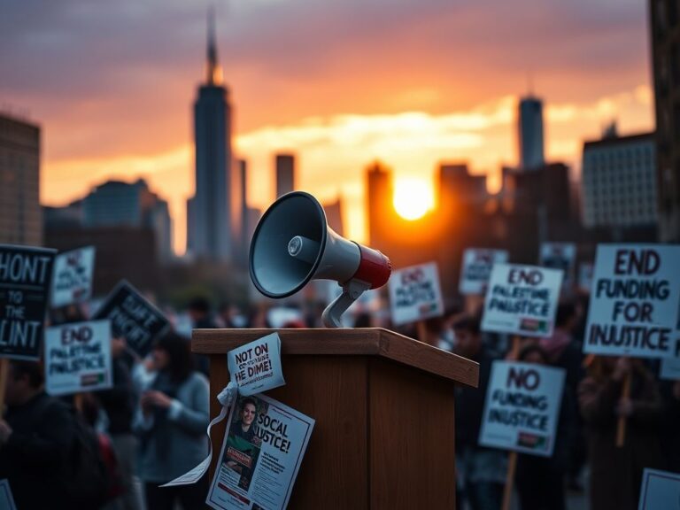 Flick International A megaphone on a wooden podium surrounded by protest flyers advocating for Palestinian rights in New York City