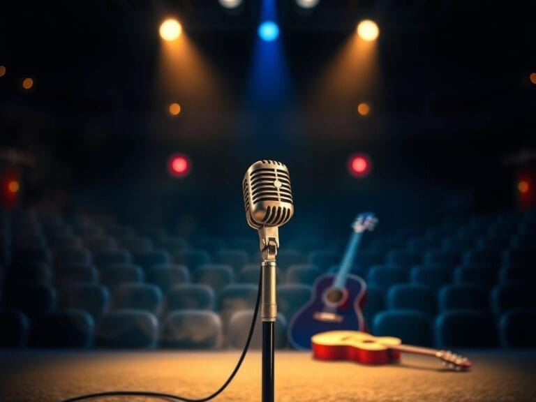 Flick International Close-up of a vintage microphone on an empty stage, lit by warm spotlighting