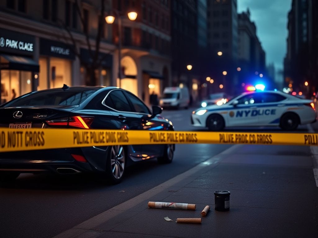 Flick International A black Lexus car parked on Park Avenue with police tape and an NYPD car in the background
