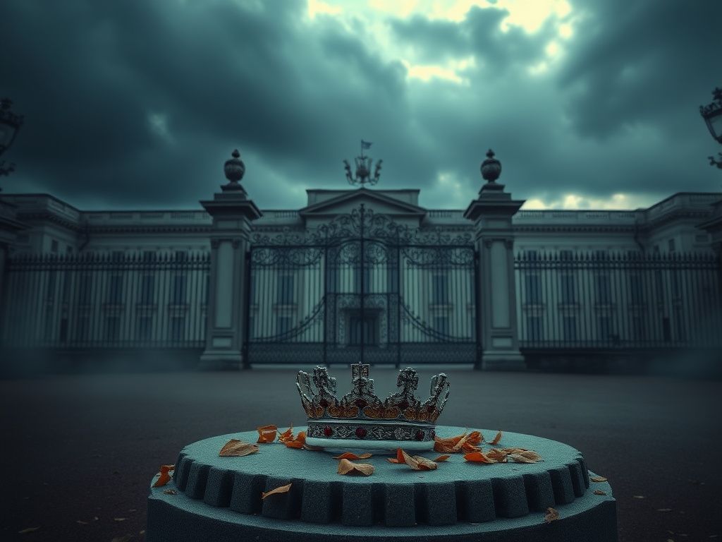 Flick International Abandoned royal crown on a stone pedestal at Buckingham Palace