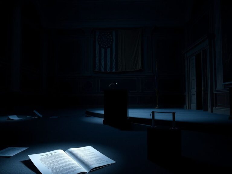 Flick International Dimly lit room in the U.S. Capitol with an empty podium and scattered documents after a congressional hearing