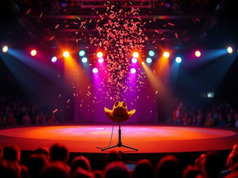 Flick International Concert scene featuring a microphone stand and a cowboy hat, capturing the moment a woman crashed the stage during Riley Green's performance.