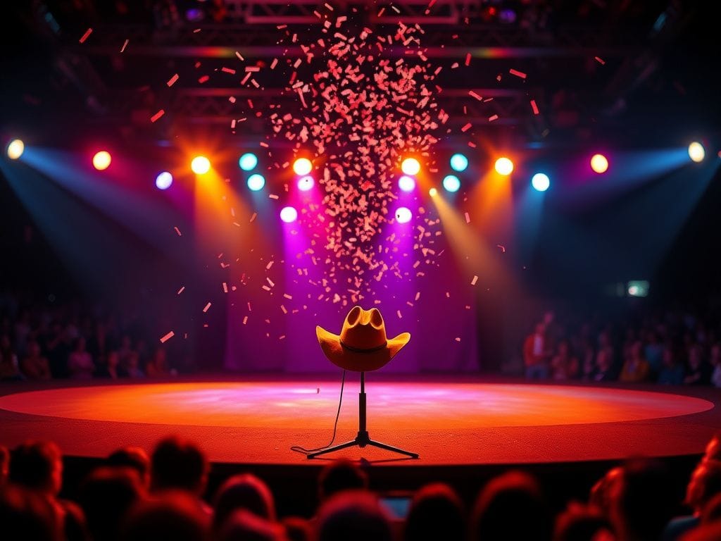 Flick International Concert scene featuring a microphone stand and a cowboy hat, capturing the moment a woman crashed the stage during Riley Green's performance.