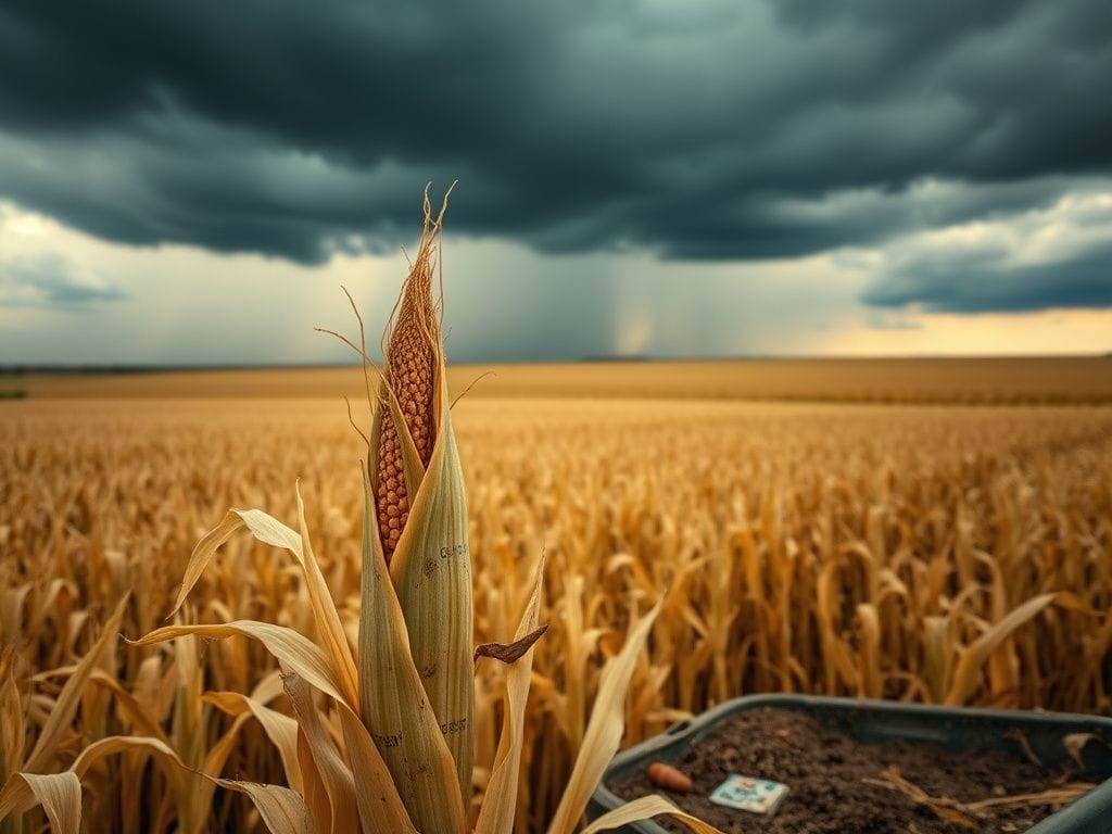 Flick International A close-up view of a corn stalk in a rural Midwest landscape, showing signs of pesticide use amidst expansive cornfields under a stormy sky.