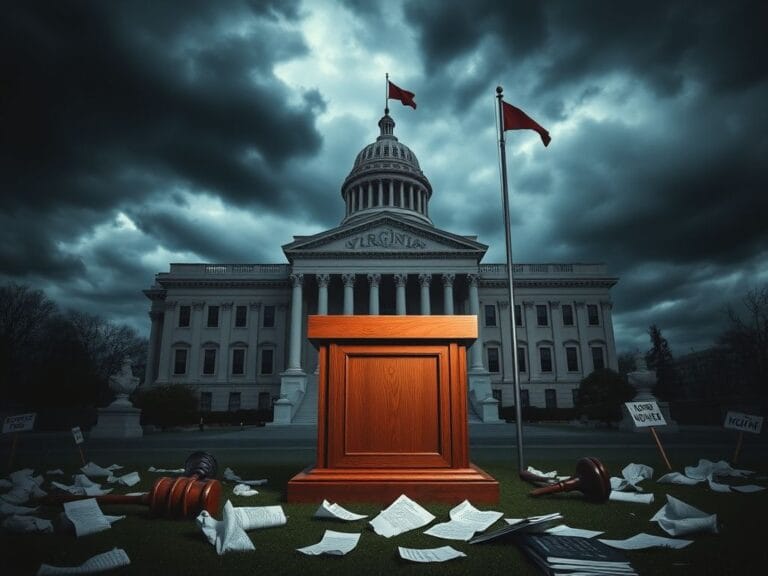 Flick International Virginia state capitol building with an empty podium symbolizing halted debates and political tension