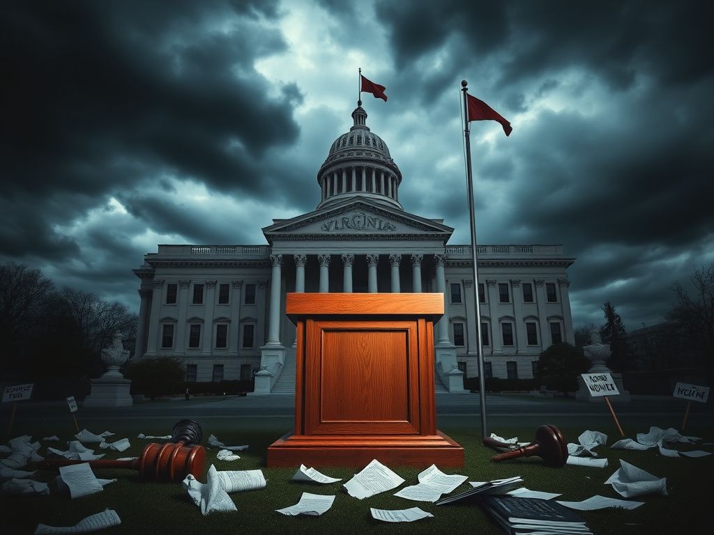 Flick International Virginia state capitol building with an empty podium symbolizing halted debates and political tension