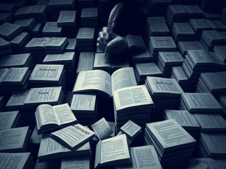 Flick International A labyrinthine maze of open books with the term 'authoritarian' on their spines