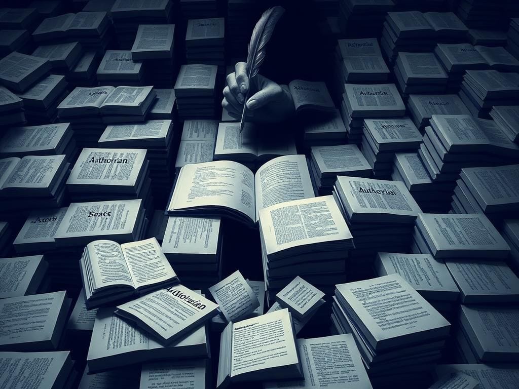 Flick International A labyrinthine maze of open books with the term 'authoritarian' on their spines