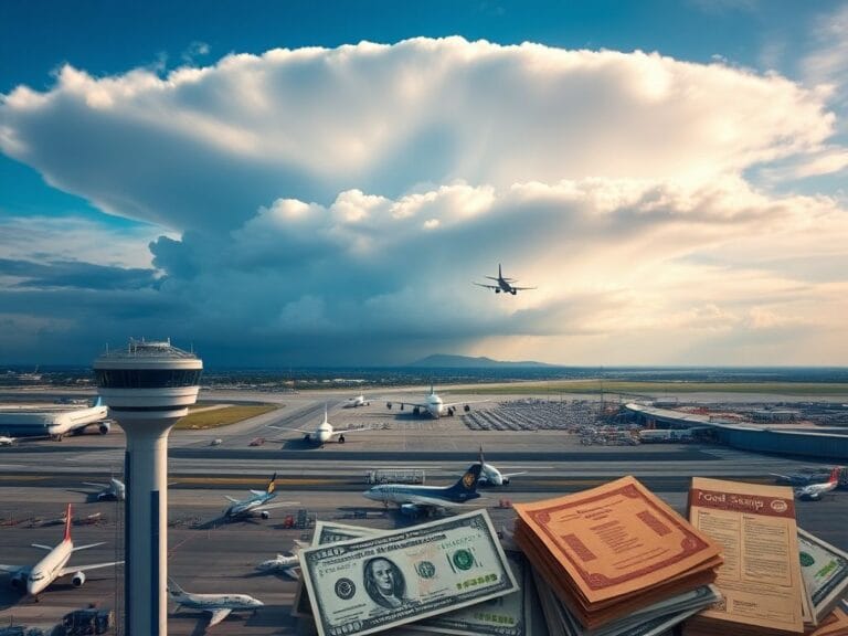Flick International Aerial view of a busy airport with aircraft on the tarmac and planes taking off under a clear blue sky, symbolizing the resilience of the aviation industry.