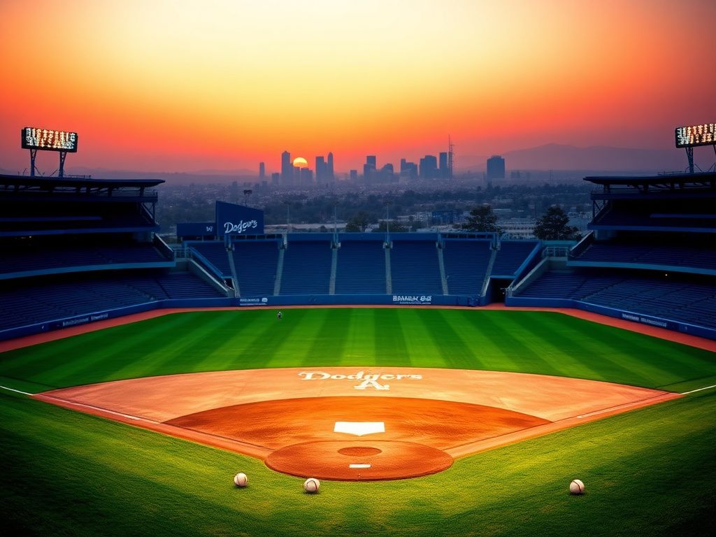 Flick International Serene sunset over an empty Dodger Stadium, representing an emotional farewell for Clayton Kershaw.