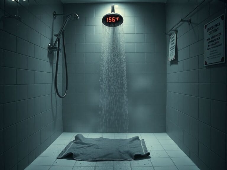 Flick International Dimly lit hotel bathroom with a shower exhibiting dangerously high water temperature.