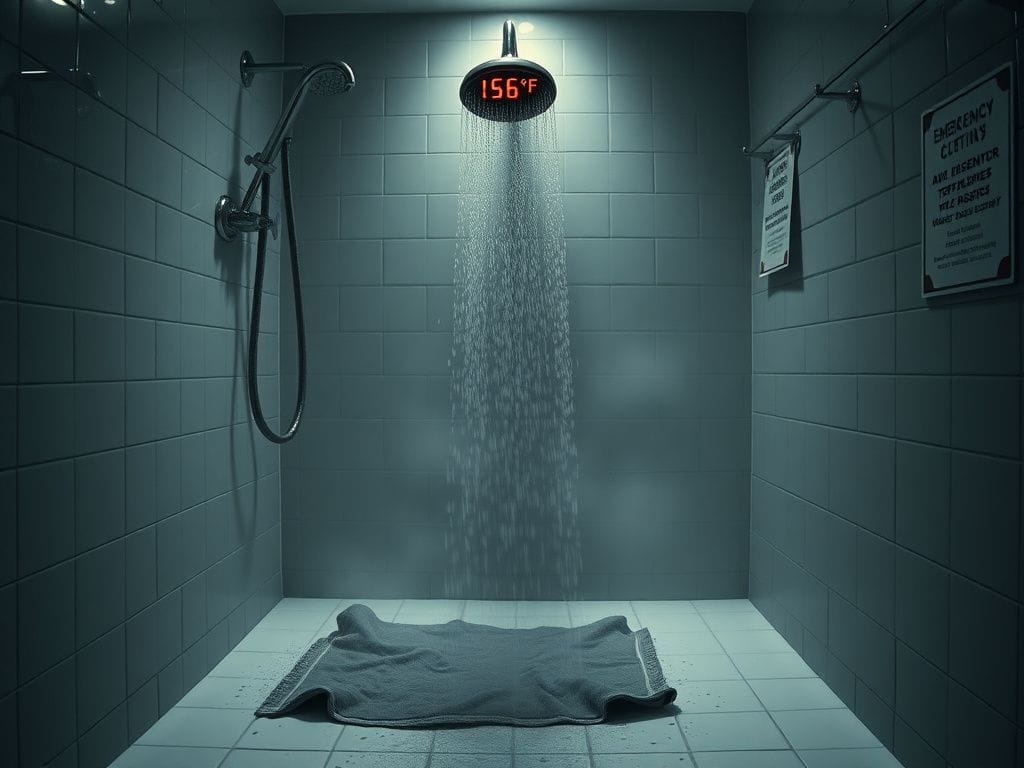 Flick International Dimly lit hotel bathroom with a shower exhibiting dangerously high water temperature.