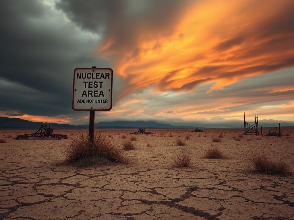 Flick International A desolate nuclear test site with a weathered sign and cracked earth