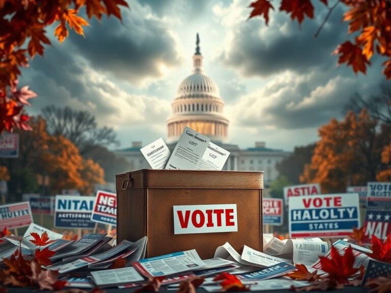 Flick International Weathered ballot box filled with unmarked ballots surrounded by campaign flyers and election signs.