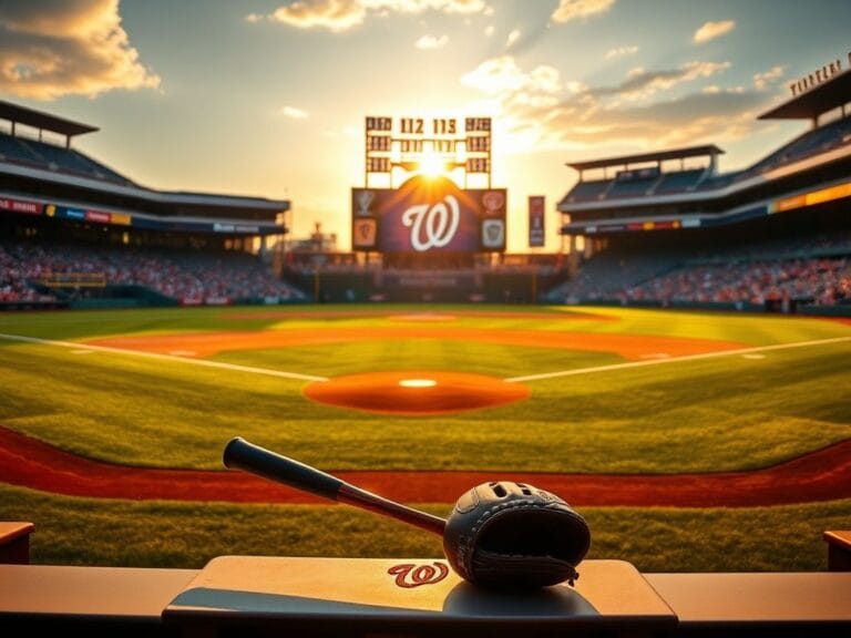 Flick International A vibrant baseball stadium scene during sunset with a focus on the Nationals' dugout.