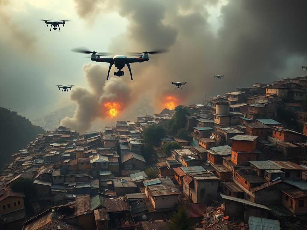 Flick International Aerial view of a favela in Rio de Janeiro during a police raid with drones overhead
