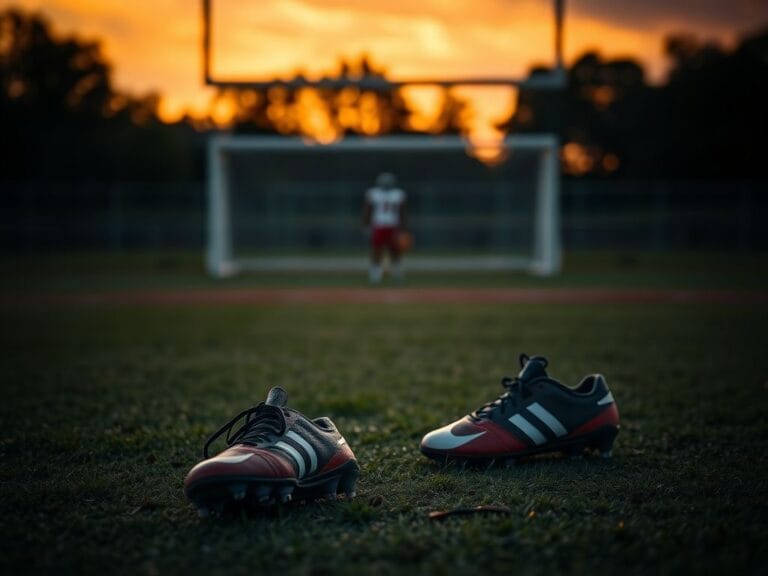 Flick International Abandoned football cleats on a worn field at sunset, symbolizing loss and retirement