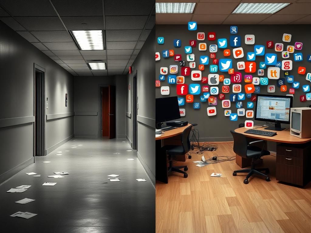 Flick International A split image showing a dark empty federal building hallway juxtaposed with a vibrant online digital workspace symbolizing the government shutdown.