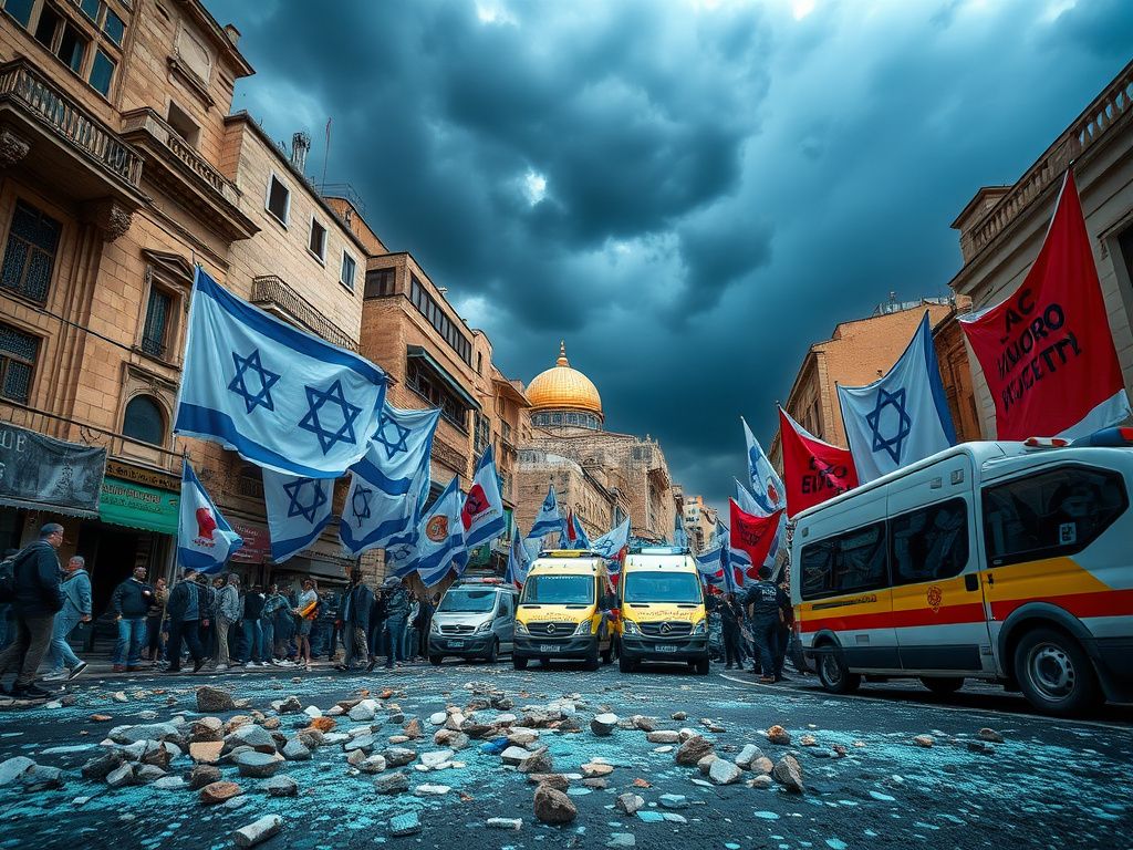 Flick International A bustling protest scene in Jerusalem with colorful banners and flags opposing military conscription