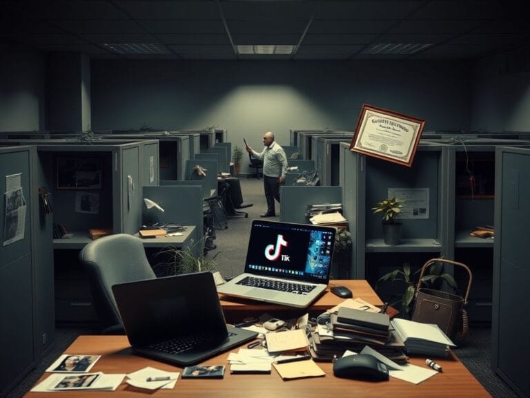Flick International Dramatic office scene depicting empty cubicles and personal items after CBS News layoffs