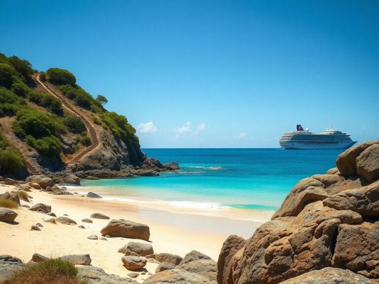 Flick International A serene view of a remote Australian island with rocky shores and a distant cruise ship