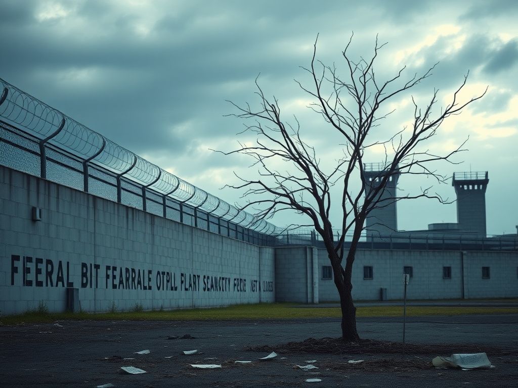 Flick International A somber scene outside Fort Dix federal prison, featuring gray concrete walls and a withered tree.