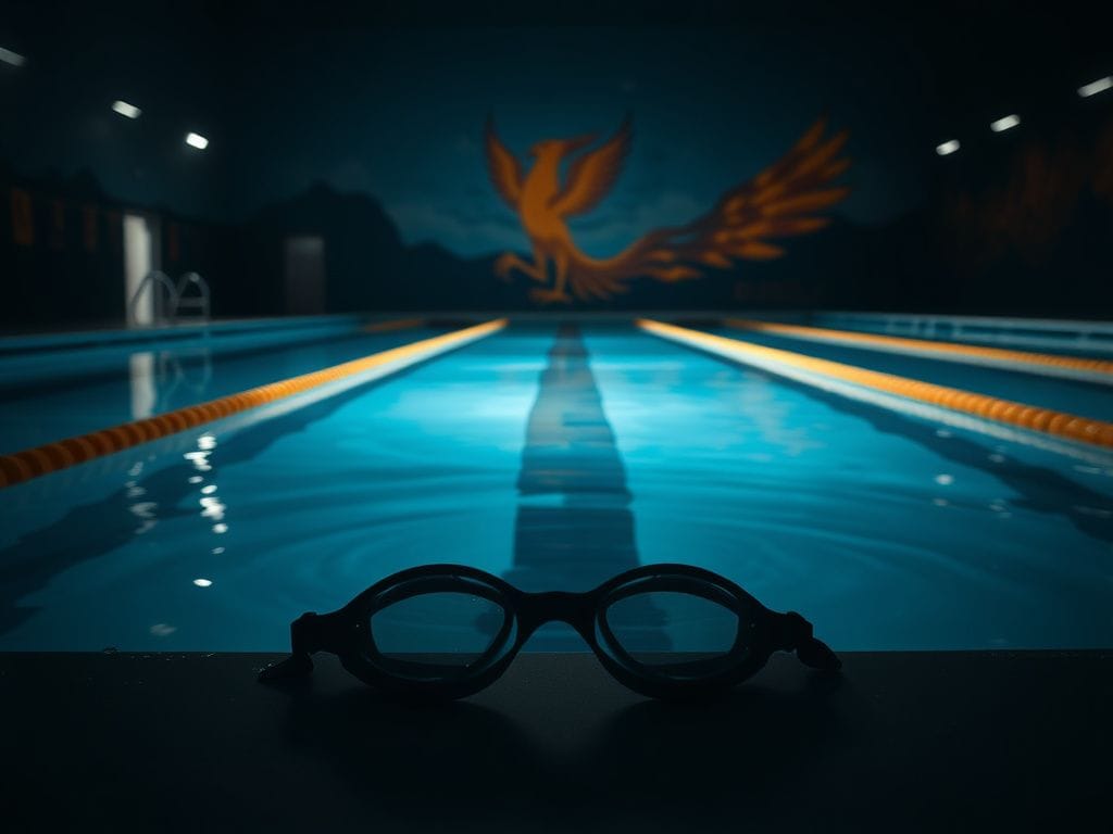 Flick International Dimly lit swimming pool with women's racing goggles on the edge.