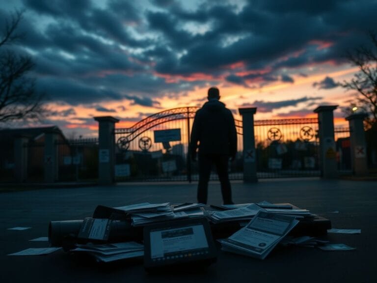 Flick International Dramatic scene of an empty university campus at twilight with an overturned table and scattered papers symbolizing chaos.