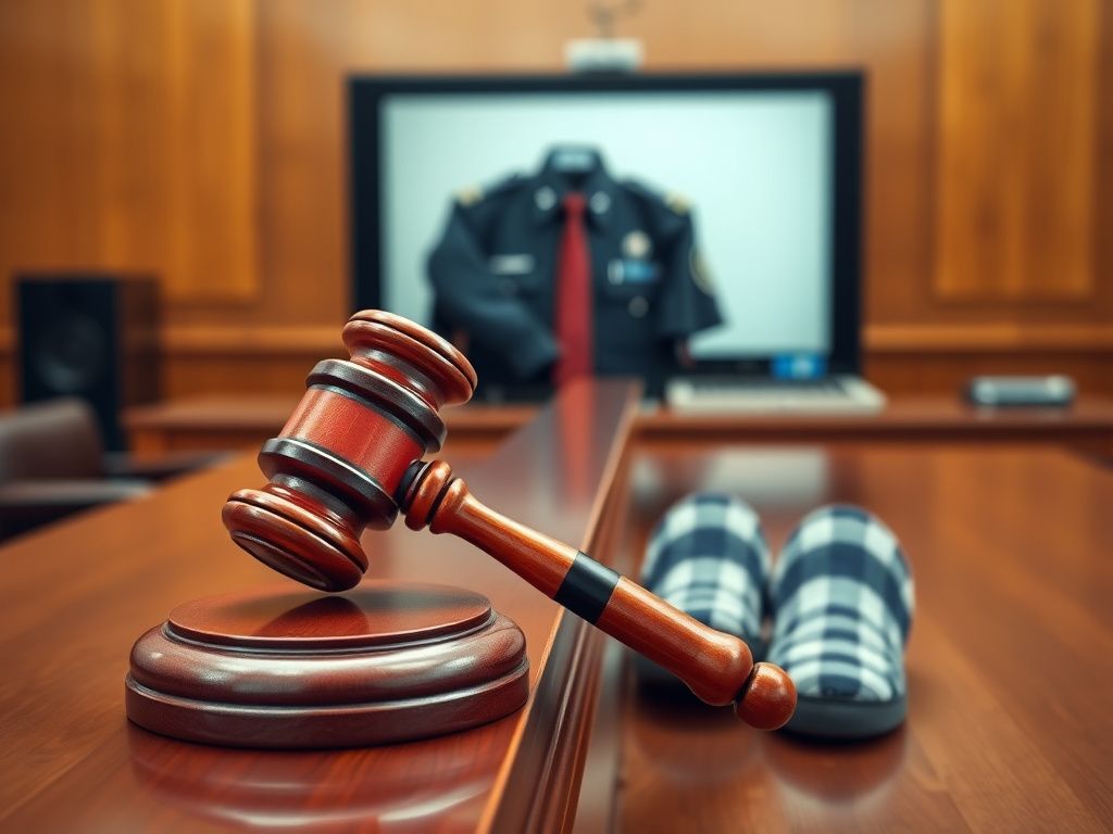 Flick International Close-up of a red and black striped courtroom gavel on a polished wooden bench with a blurred virtual court background