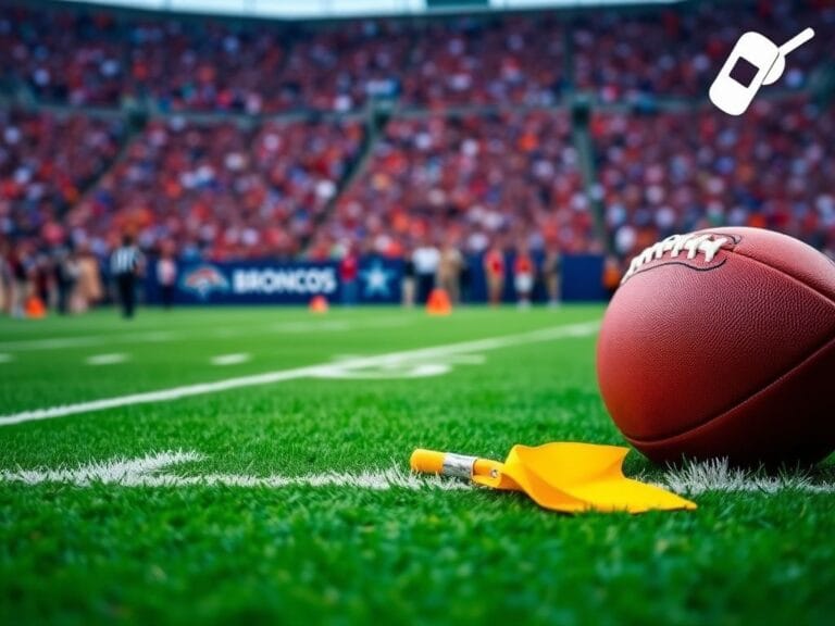 Flick International Close-up view of a football on a football field with a yellow penalty flag
