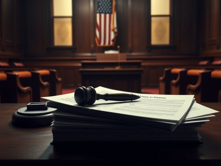 Flick International Empty courtroom scene with judge's bench and legal documents