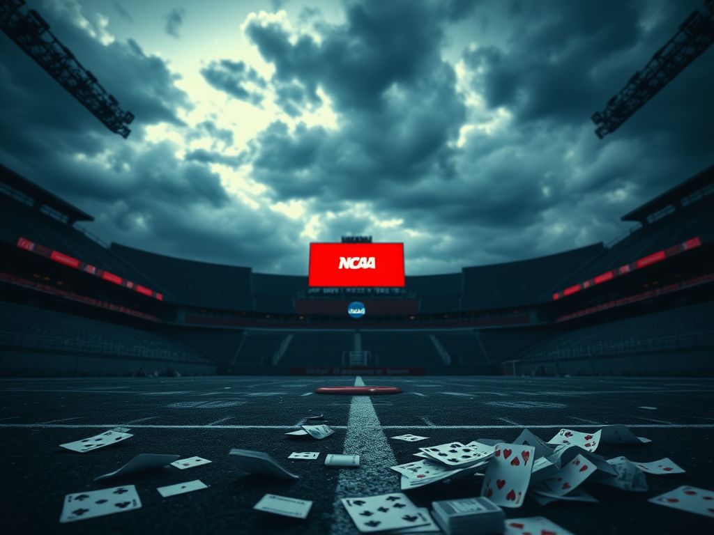Flick International Empty sports stadium under ominous sky with red scoreboard